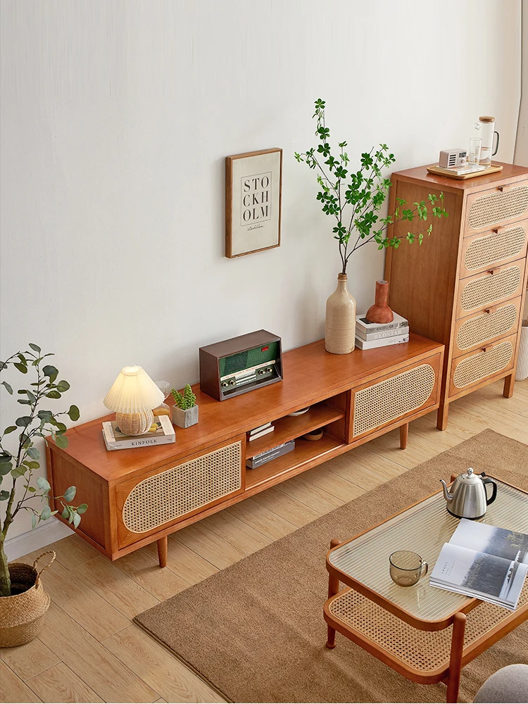 Tea table, TV rattan woven low cabinet, living room wall cabinet, cabinet combination, multifunctional storage cabinet