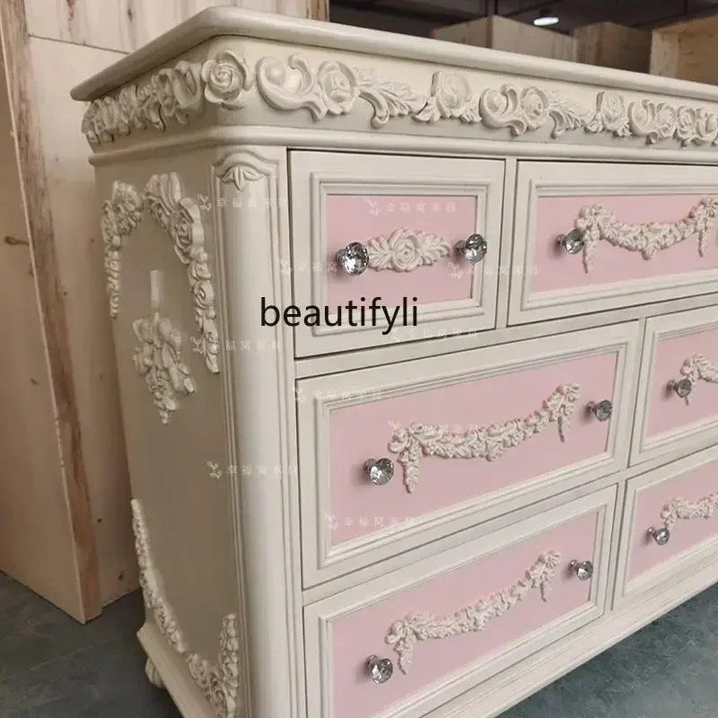 

yj21 French solid wood carving flower retro chest European storage locker pink dressing decorative cabinet
