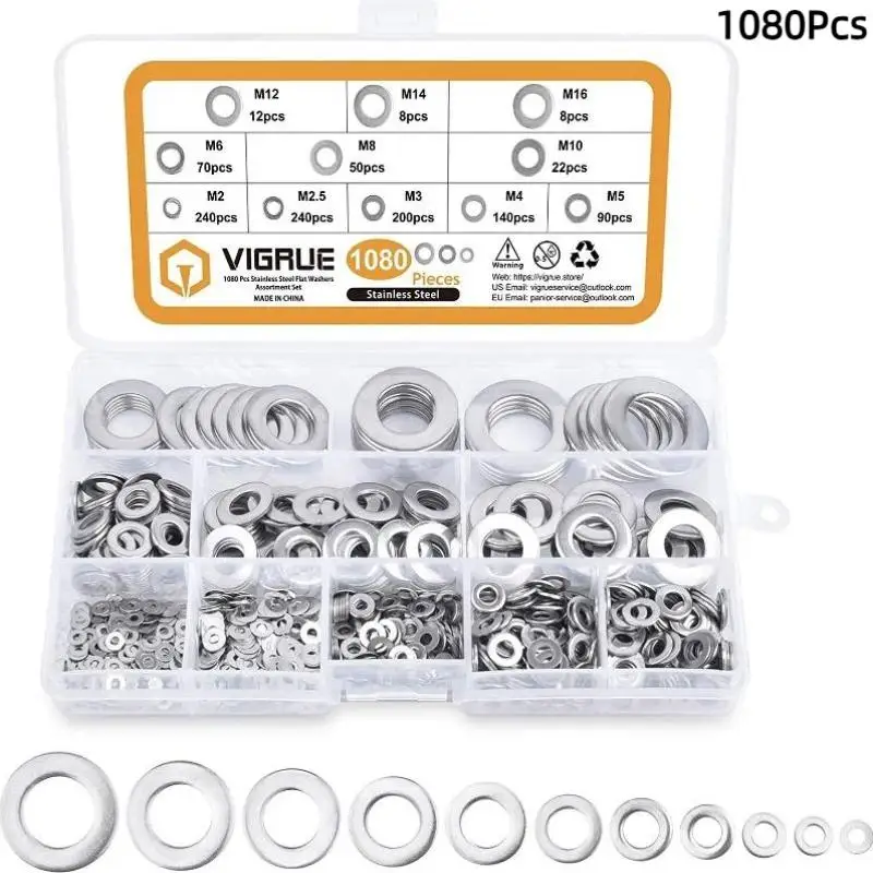 1080Pcs Stainless Steel Flat Washers Assortment Set Non Deformable Multi Size Screw Gaskets for Electrical Installation Works