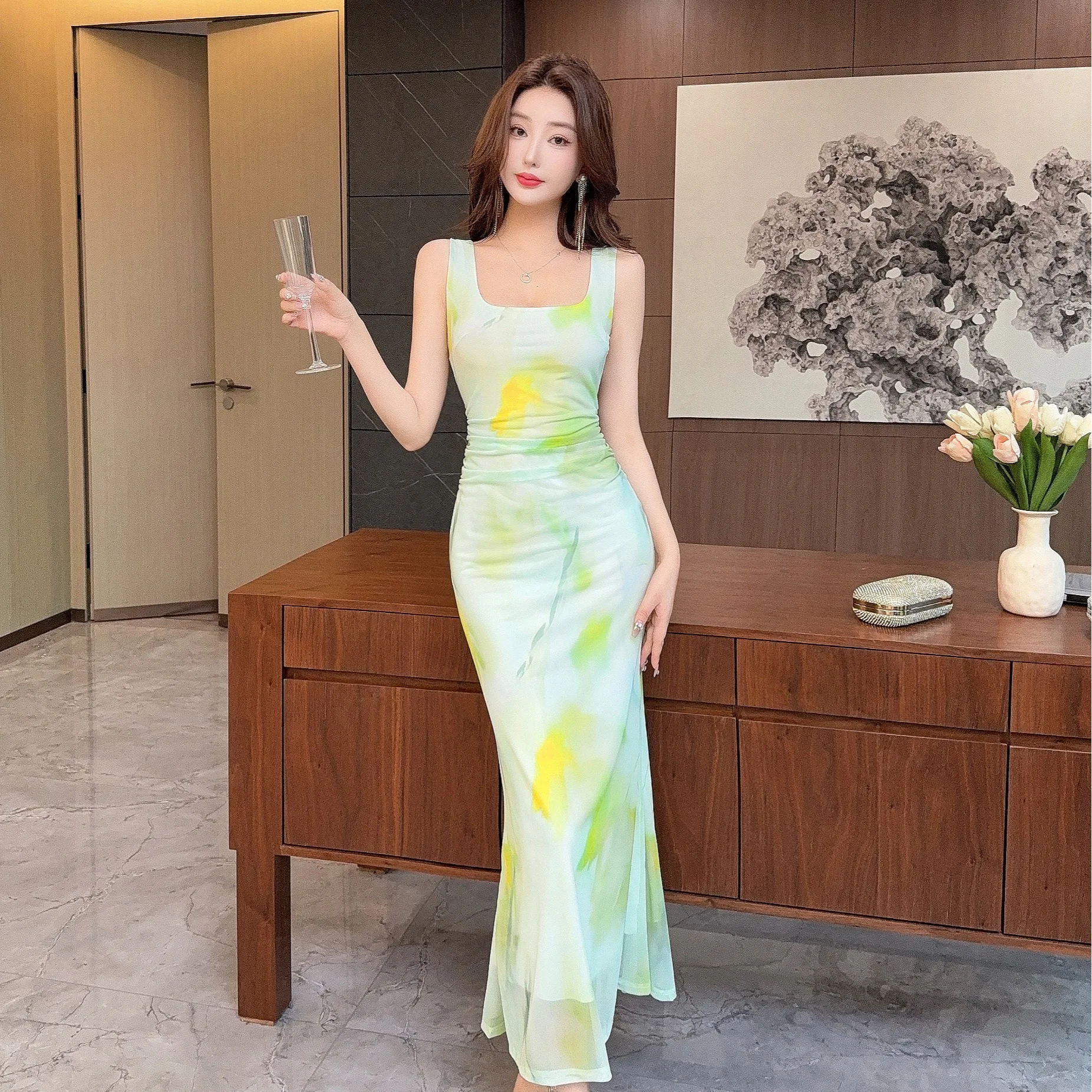 Abito lungo da donna retrò elegante moda senza maniche stampa a rete Slim Party Club Boho Summer 2025