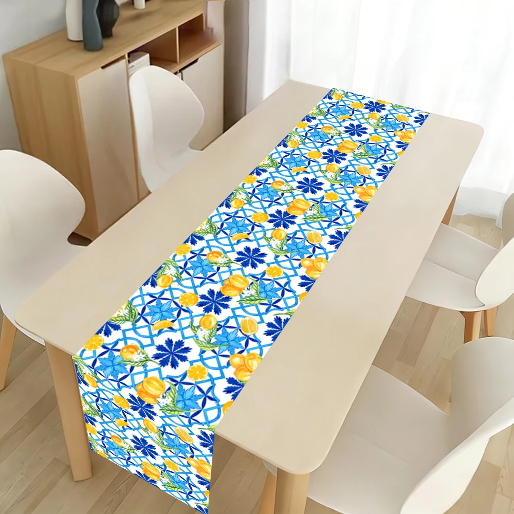 Lemon Blue Geometric Tile Print Table Runner Mediterranean Home Decor Dining Wedding Entryway Cabinet Decoration Supplies