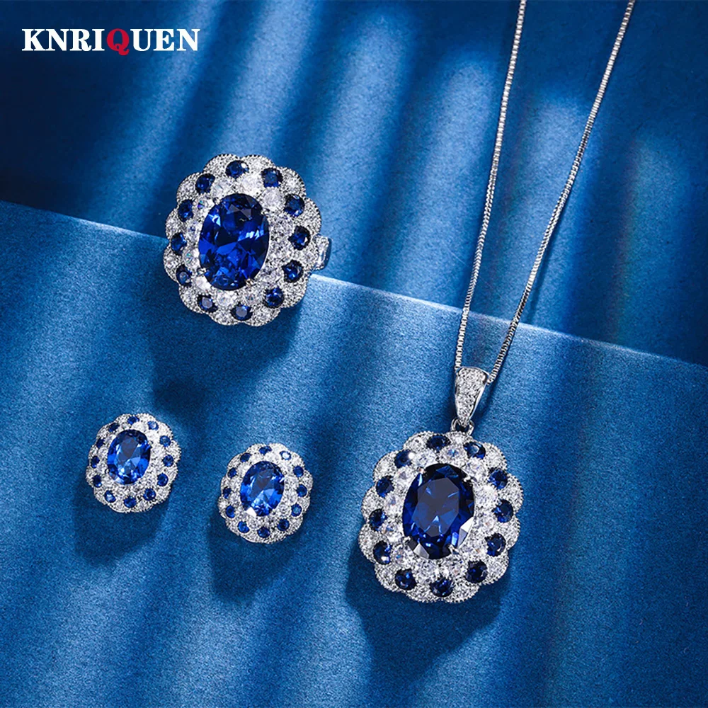 

Retro Sapphire Necklace Pendant Rings Earrings Lab Diamond Gemstone Wedding Party Fine Jewelry Sets for Women Anniversary Gift