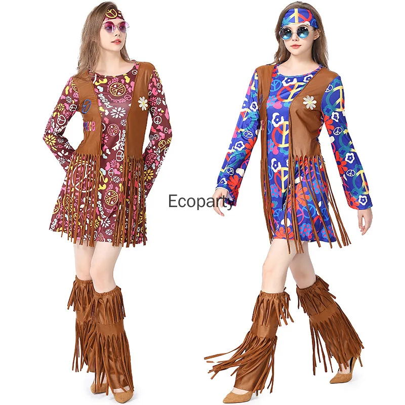 جديد إمرأة هالوين الهبي زي للنساء 60s 70s الهبي تأثيري بوهيميا فستان مع نظارات الإناث كرنفال ملابس الحفلات