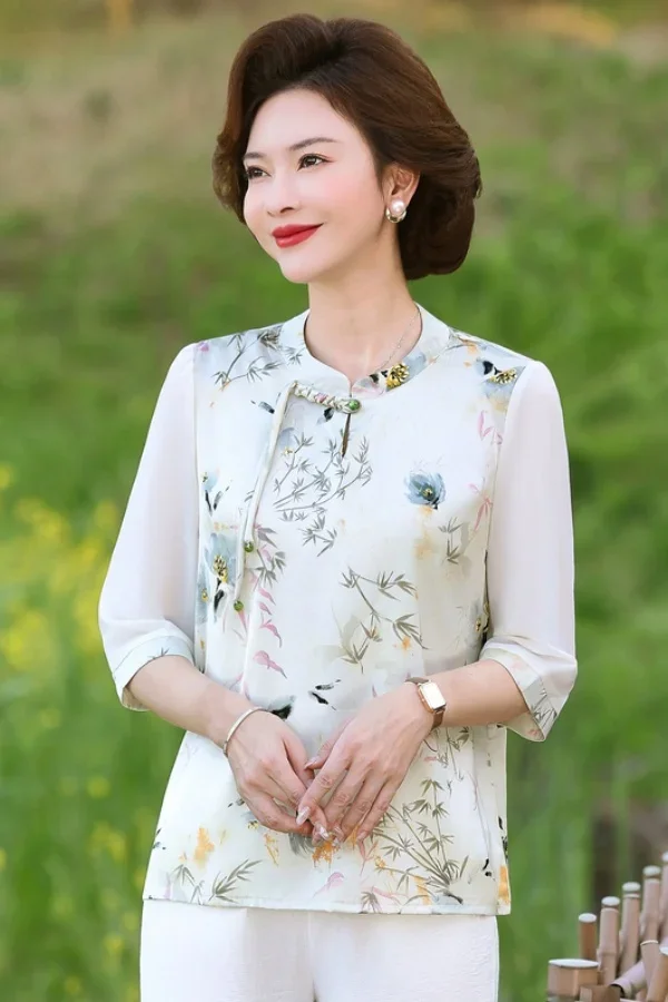

New Style Spliced Printed Casual Five-point Sleeve Top Fashionable Shirt for Women