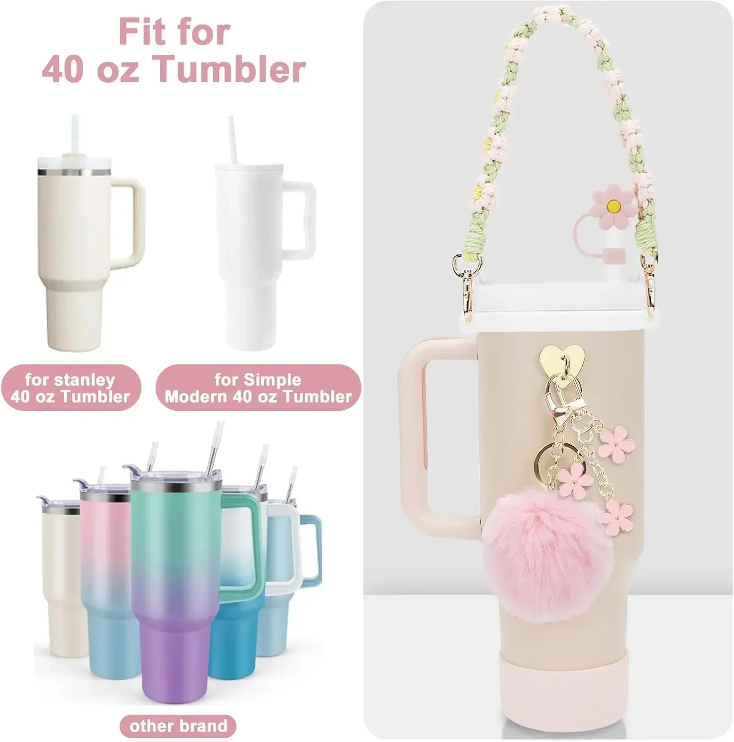 7/8pcs Cup Accessories Set for Stanley Including Handle Strap Siliocne Cup Boot Straw Cover Charms for 40 30 oz Tumbler