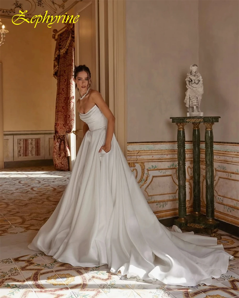 فستان سهرة بسيط مخصص بدون حمالات وفساتين مناسبة خاصة من الساتان الرسمي وفساتين زفاف بدون أكمام