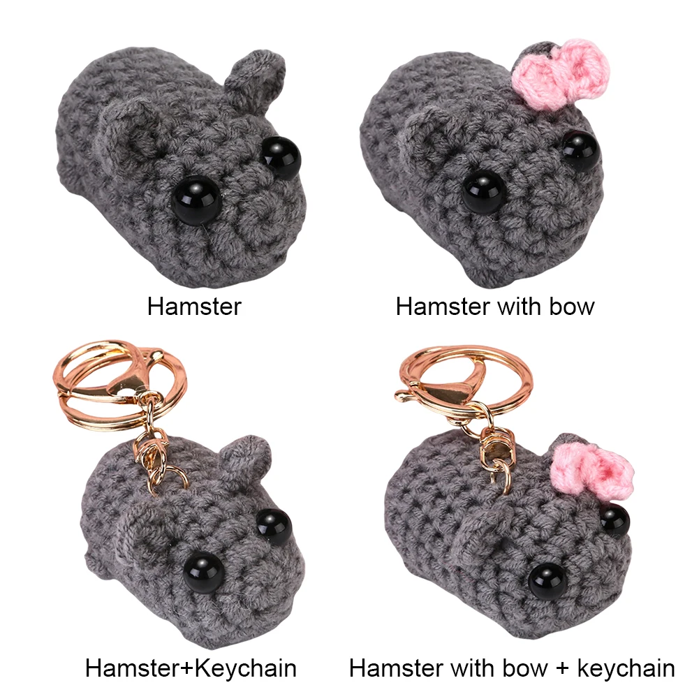 Handmade Triste Hamster Tricô Boneca, Bonito Animal Plushie Chaveiro, Soft Cuddly Triste Laço, Funny Bag Acessórios