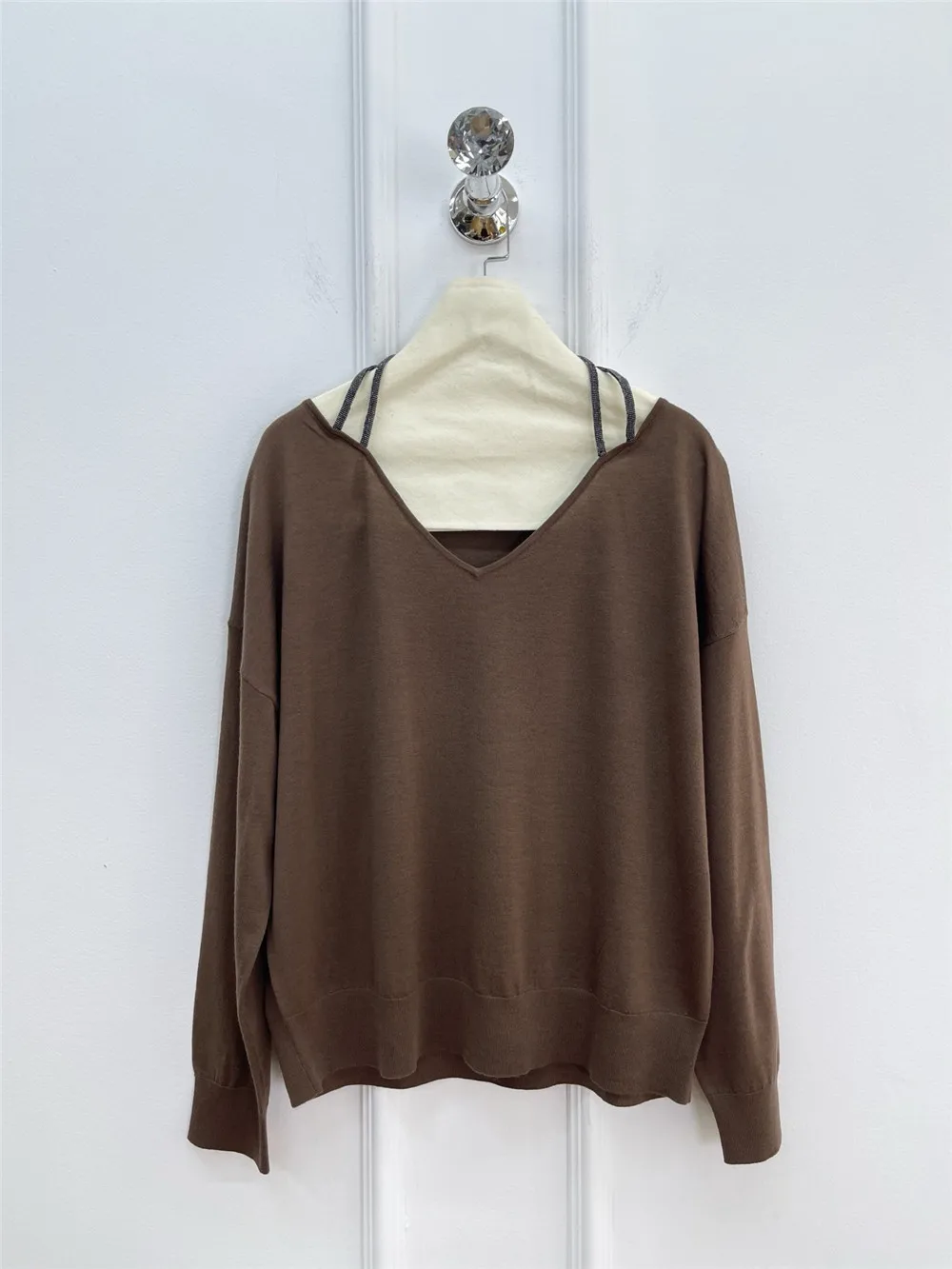 

Women's Clothing 26 Early Spring New Item V-Neck High-End Nail Bead Light Luxury Fashion 100% Wool Knitted Top