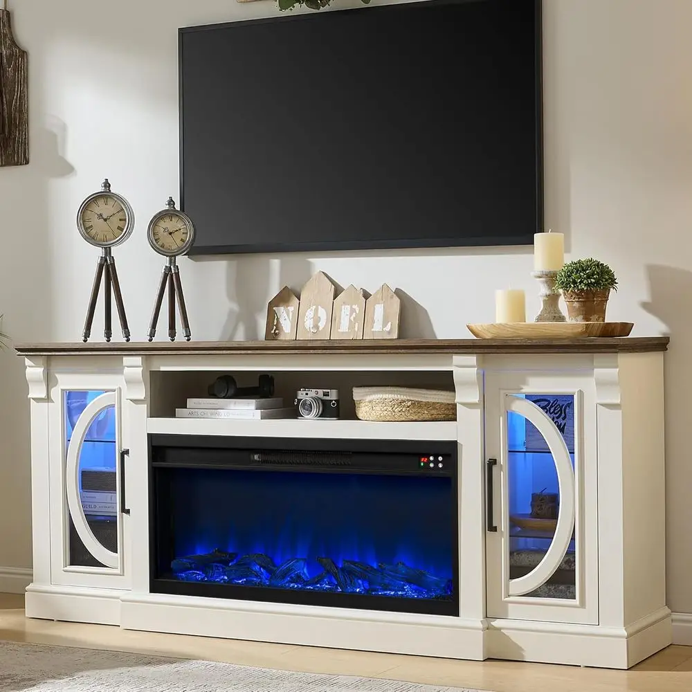 

80 Inch TV Stand with Electric Fireplace, LED Entertainment Center, White