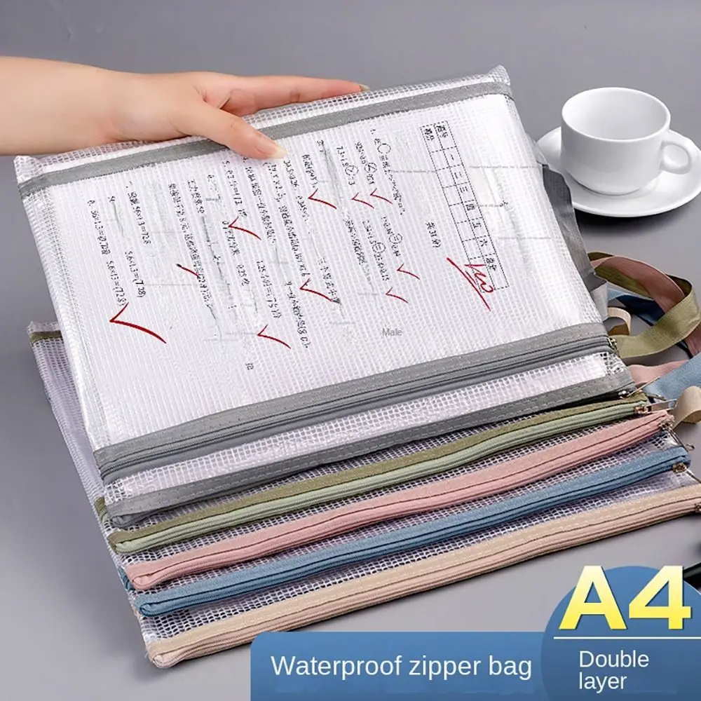 New Double-layer A4 Storage Bag Zipper Mesh File Folders Large Capacity Transparent Test Paper Folder Student
