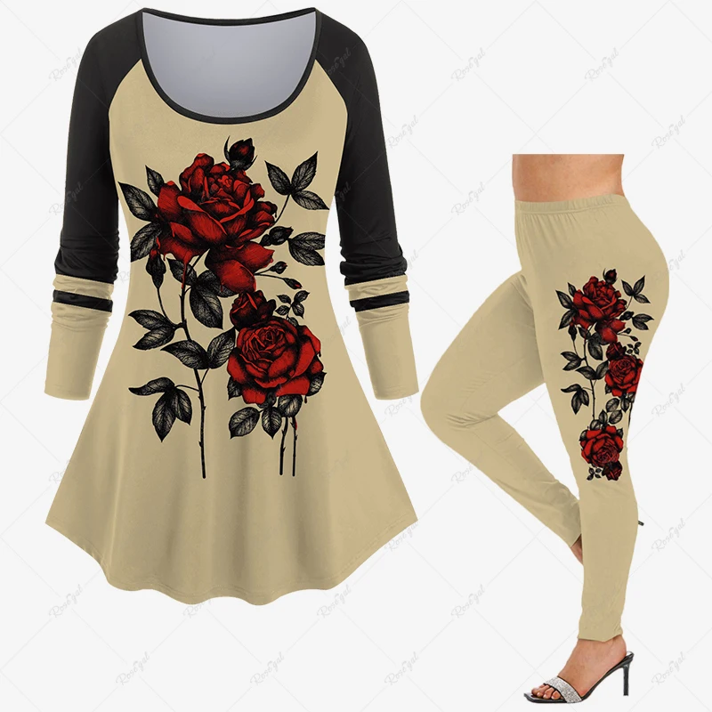 

Plus Size Women's Daily Casual Matching Set Rose Flowers Leaf Colorblock 3D Print Raglan Sleeve T-Shirt or Tight Leggings