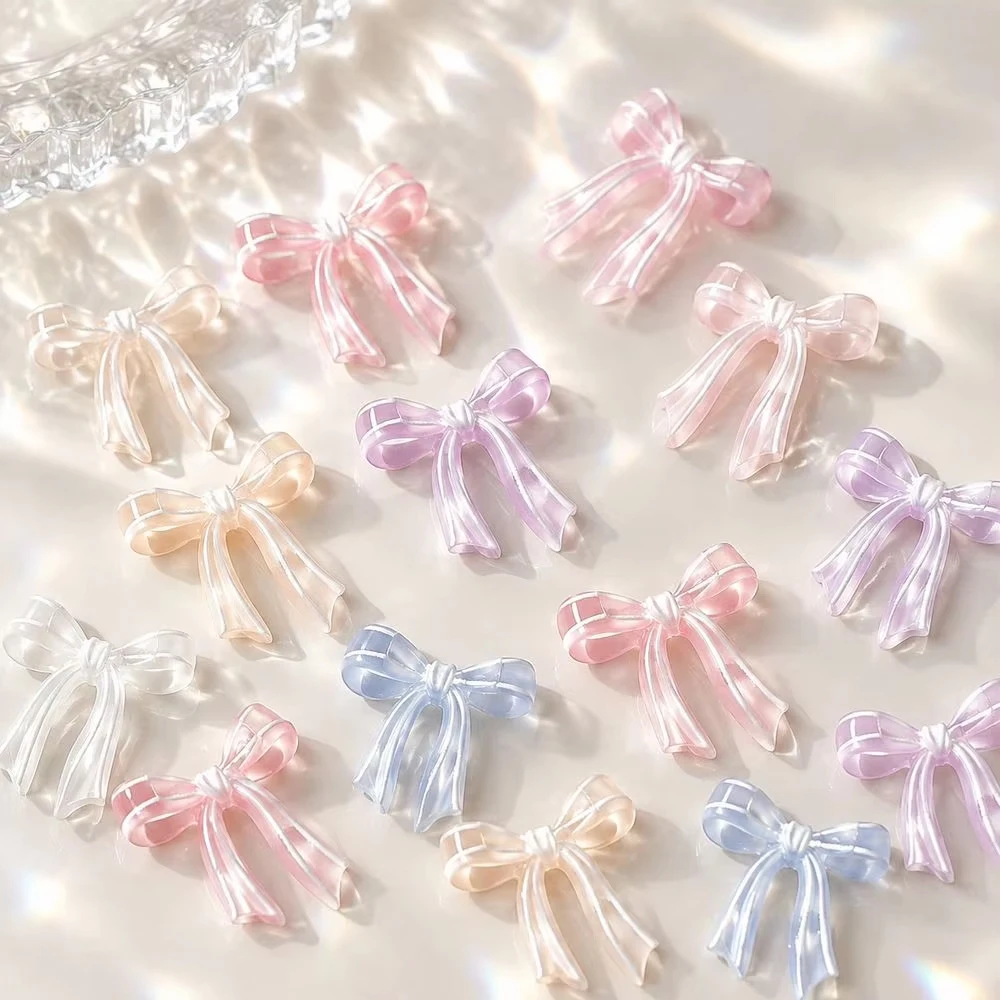 30Pcs Pearl Iridescent Bowknot Nail Art Charm 3D Resin Bow Nail Decoration for Acrylic UV Gel Press On Nails Manicure Supplies