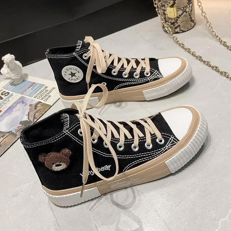 2024 Spring Summer Fashion Bear Women Canvas Shoes High-top Canvas Shoes Lace Up Casual Sneakers Female Off White Shoes Sneakers