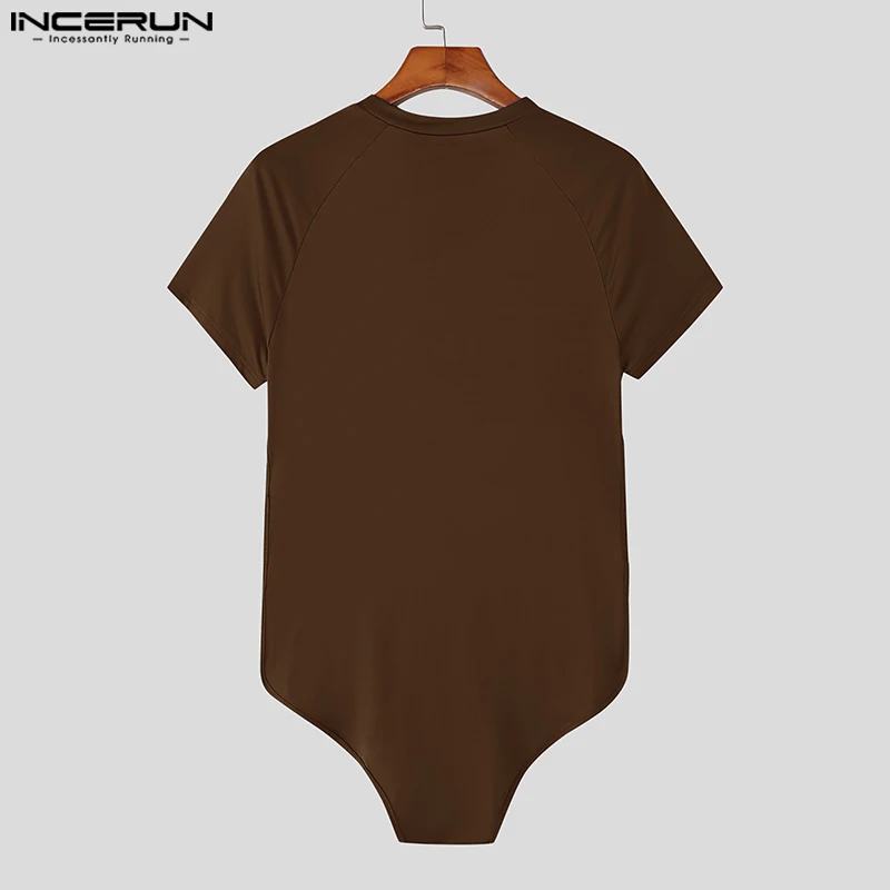 INCERUN, monos para hombre de Color sólido con cuello redondo, manga corta, peleles sexis calados para hombre, ropa de calle, mono ajustado de moda para hombre 2025