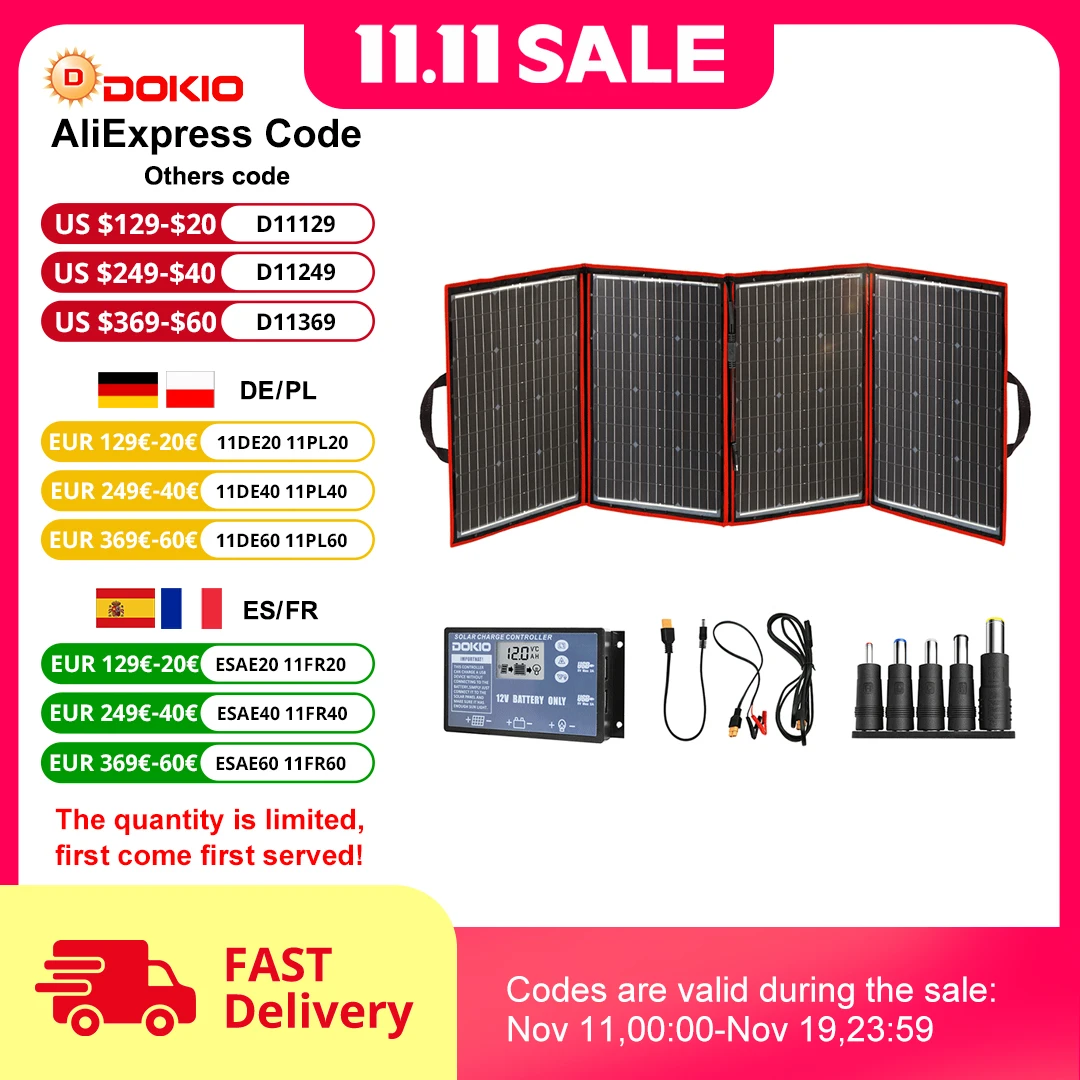 Dokio 브랜드 유연한 접이식 195W 모노 태양 전지 패널 RV 및 보트 및 여행용 태양 전지 패널 용 고전력 휴대용 태양 전지 패널