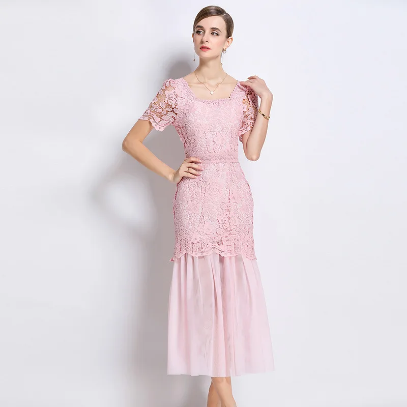 新しい8585 #   高級レーススクエアカラーガウン エレガントで淑やかなスタイル メッシュスプライシング 秋用 厚手織物ミディドレス