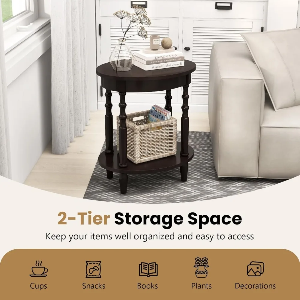 طاولة جانبية للأريكة البيضاوية الحديثة بطبقتين مع رف تخزين وأرجل خشبية صلبة وطاولة مدمجة لغرفة المعيشة ومنضدة غرفة النوم #4