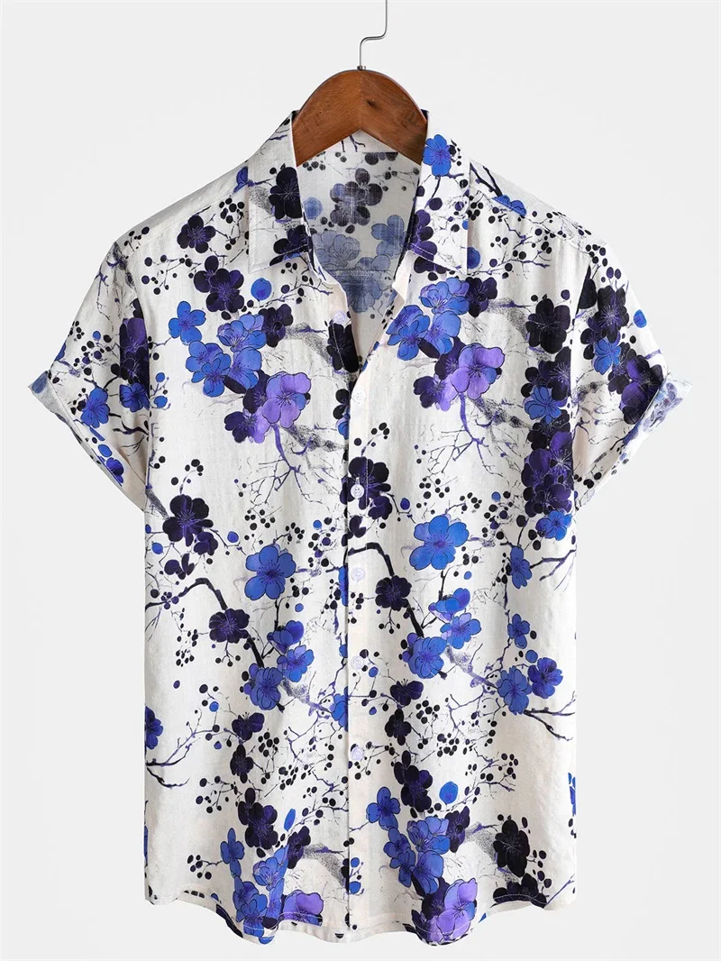 

Mens Striped Casual Holiday Aloha Shirts Summer Short Sleeve Button Down Hawaiian Shirt Flower Print Men's Lapel Beach Shirt