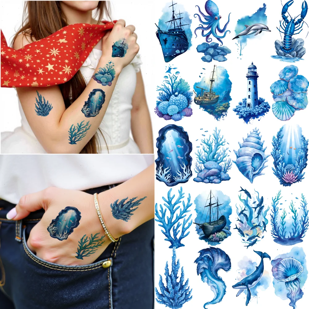 63pcs Temporary Tattoo Sea Creatures Watercolor Underwater Scenes Ocean Theme Waterproof Long-lasting Body Stickers For Men