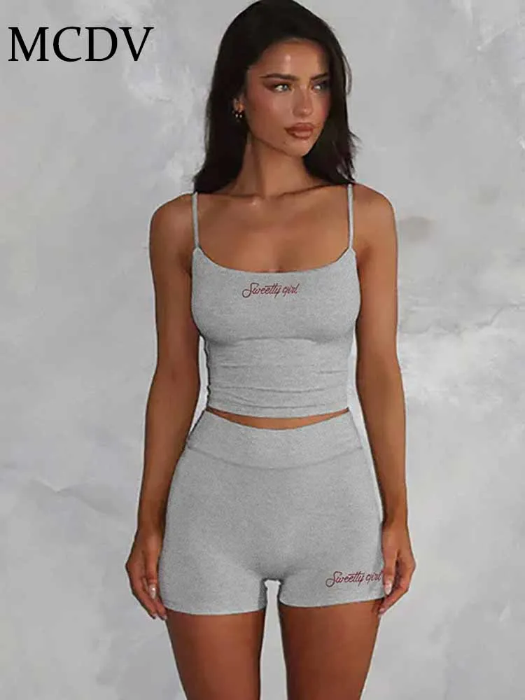

MCDV Casual Letter Print Sports Suit Women Spaghetti Strap Backless Tank Top+Low Rise Elastic Shorts 2 Piece Street Yogo Outfits