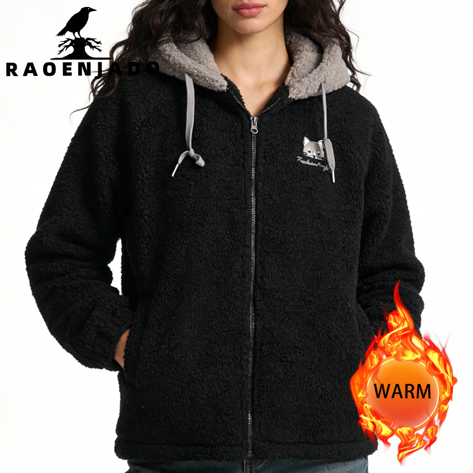 Women's Plus Size Fleece Jacket Thick Warm Zip UP Winter Coat Casual Hooded Outerwear with Bear-Ear Design and Cute Embroidery