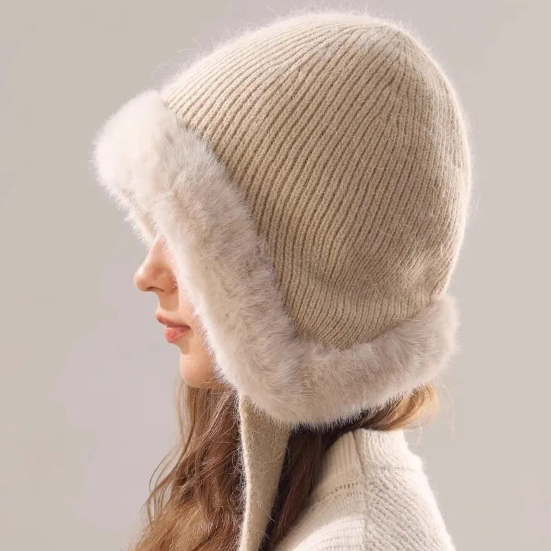Fashionable Rabbit Fur Earflap Trapper Hat Thickened Warm Real Rabbit Fur Cap Winter Hat For Women Outdoor Skiing Snow Hats