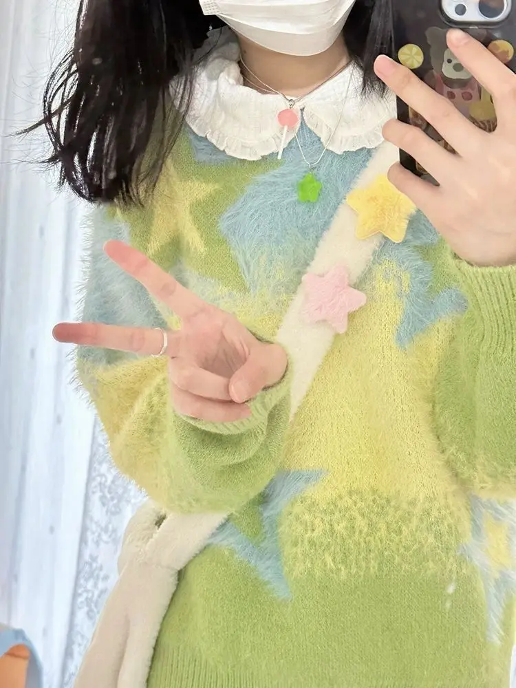 American Retro Casual Star Gradient Sweater For Women Lazy Loose Long Sleeve Tops Mujer 2025 Autumn Winter New Knitted Pullover