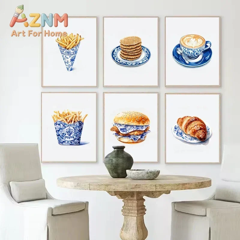 AZNM Frameless Canvas Wall Art Watercolor Food Print French Fries Burger Croissant Coffee Blue White Porcelain Kitchen Decor Pos