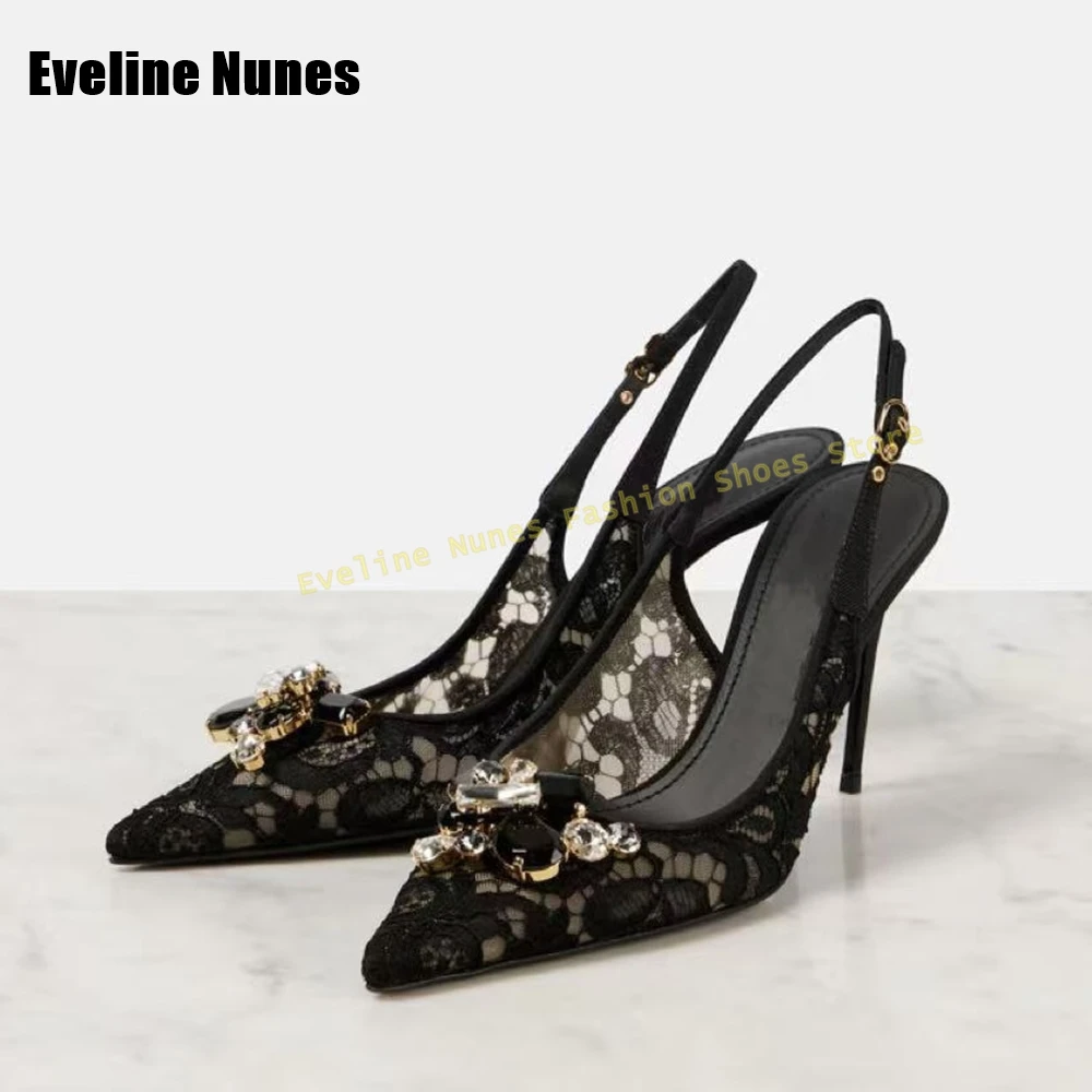

Black Lace Rhinestone Embellished Slingback Pumps Women's Pointed Toe Stiletto Heels for Party Dress Shoes 2026 Summer New Trend
