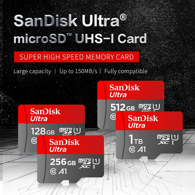 SanDisk-Carte Micro SD A1 U1 C10 Ultra, vitesse de lecture jusqu'à 150 Mbps 32 Go 64 Go 128 Go 256 Go 512 Go 1 To TF