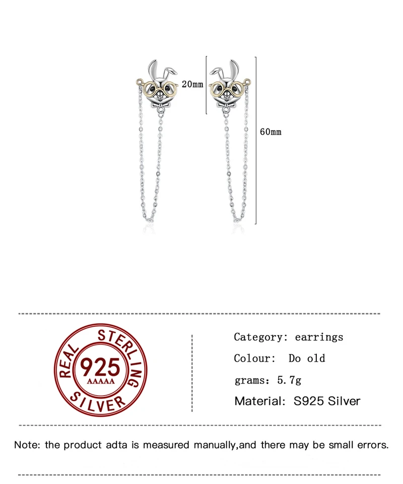 925 Sterling Silver Vintage Tassel Chain Long Drop Earrings for Women Girls Cute Glasses Rabbit Earrings Party Jewelry Gift