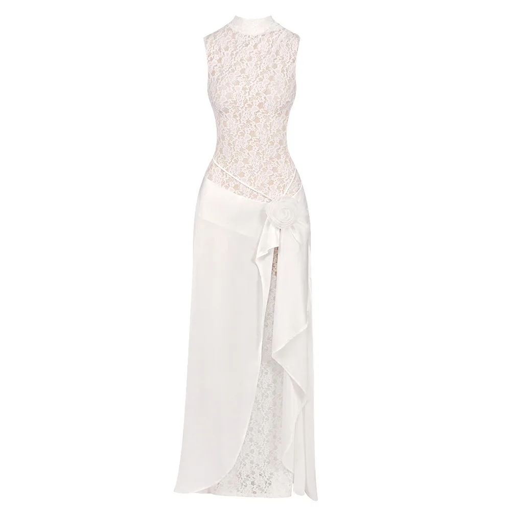 Floral Hem Lace Dress - Sleeveless & Bodycon, Christmas Gala Dress