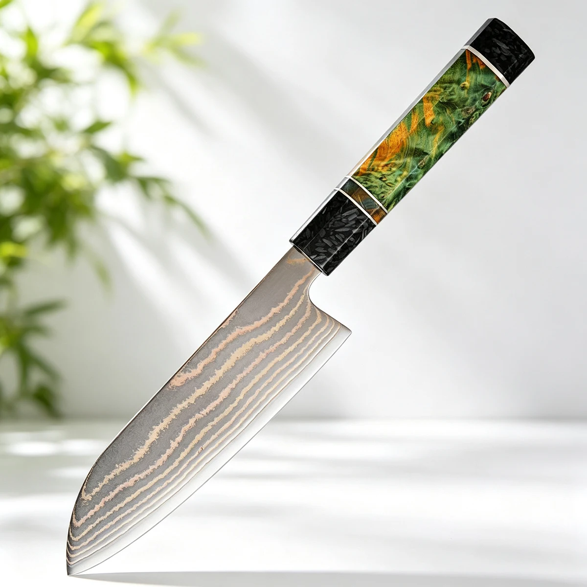 XITUO Japanese Santoku Knife 7 incn, Rainbow Copper Damascus Steel Blade, Sharp Kitchen Knife,Octagonal Stable Wooden Handle