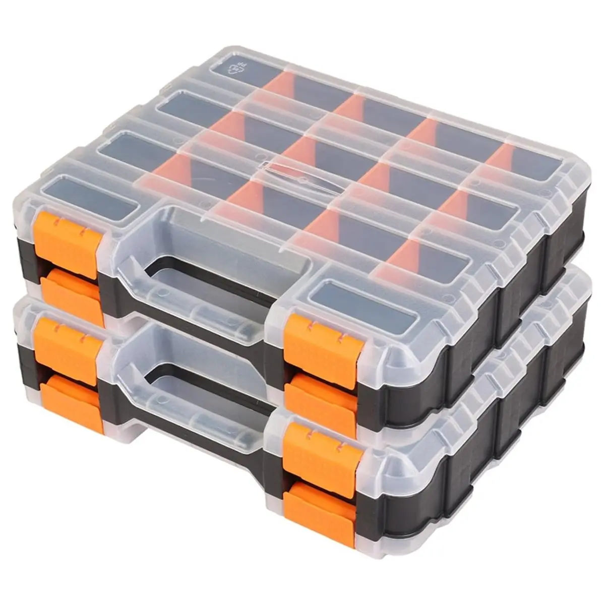 Promotional-Tool Box with Transparent Lid, Double-Sided 34-Compartment Organizer with Removable Dividers, 2 Pack