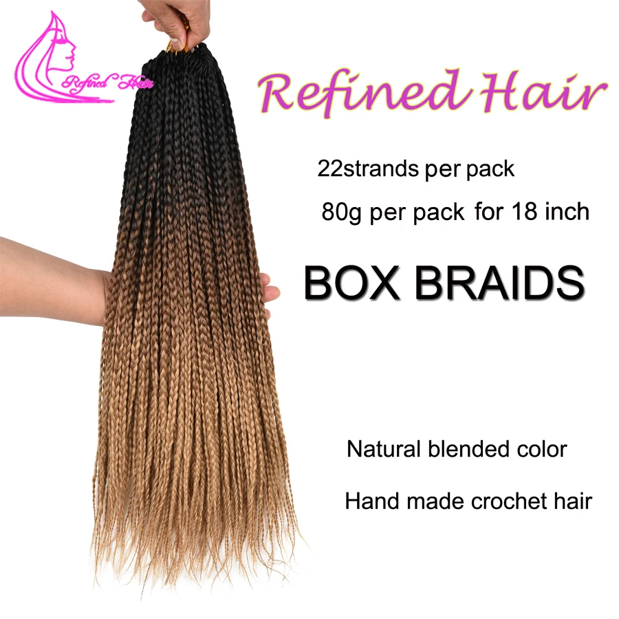 Trenzas sintéticas de caja para mujer y niña, extensiones de cabello trenzado de ganchillo degradado de 18 y 24 pulgadas de largo, color negro, marrón claro