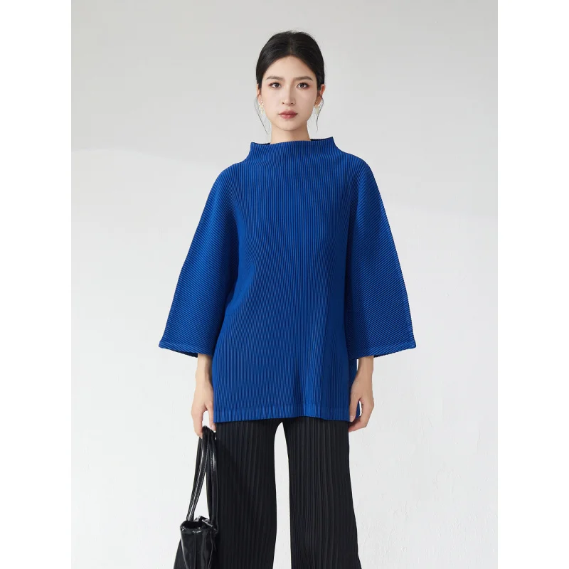 

Miyake style women's spring style top: Loose, slimming, concealing flesh, semi-high neck, 3/4 Sleeves, versatile T-shirt#Z5062