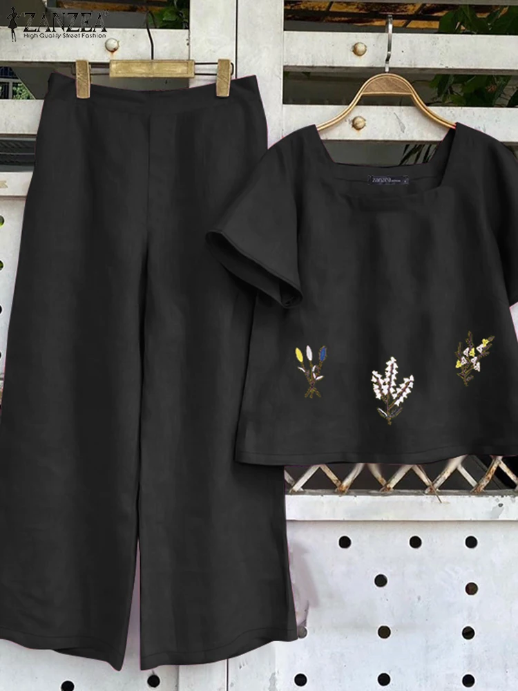 

Summer 2PCS Women Matching Sets ZANZEA Vintage Short Sleeve Blouse Pant Sets Square Neck Tops Trouser Casual Work Outfits 2025