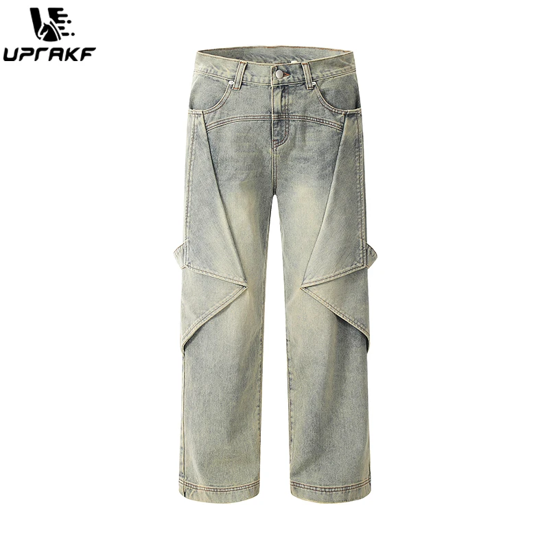 

UPRAKF High Waist Distressed Straight-leg Pocket Jeans Summer Streetwear Basic Pants High Street Autumn Casual Denim Fashion