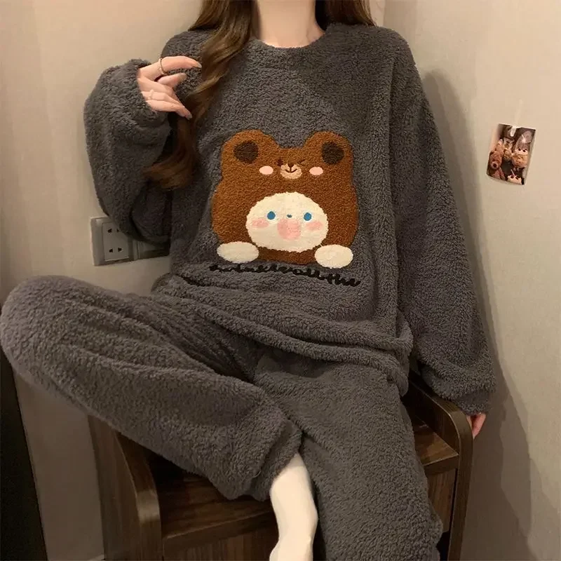 Winter Women Pajama Sets Korean Loose Pyjamas Sleepwear  Soft  Warm Bear Female Pijama Mujer Home Clothes Nightgowns 2 Piece Set