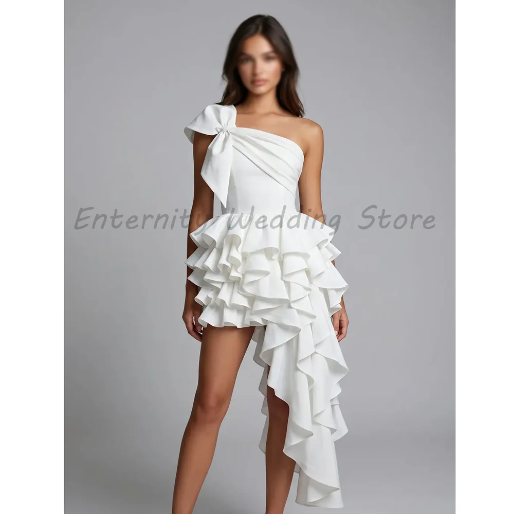 White Satin One‑Shoulder Short Wedding Dress Bow Detail Multi‑Layer Ruffle Asymmetrical Hem Mini Cocktail Party Gown