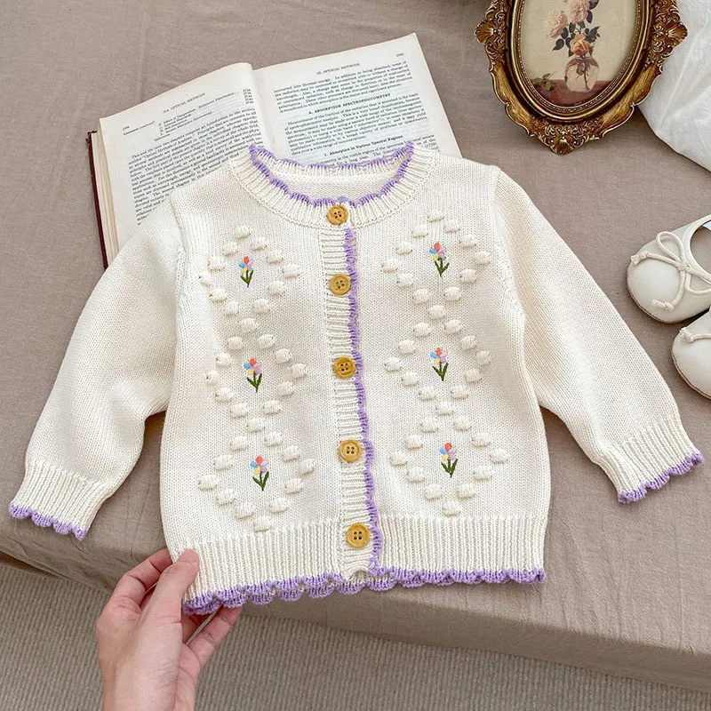 Autumn Spring Infant Baby Girl Knitting Clothes Set Long Sleeved Floral Embroidery Cardigan+Jumpsuit Newborn Baby Clothing Suit