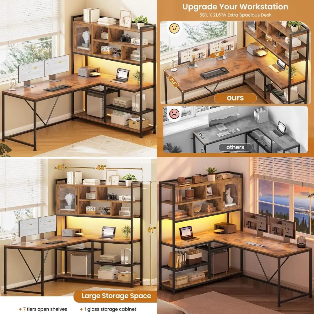 

L-Shaped Computer Desk 58 with LED Light and Bookshelf, Corner Desk with Storage Shelves for Home Office