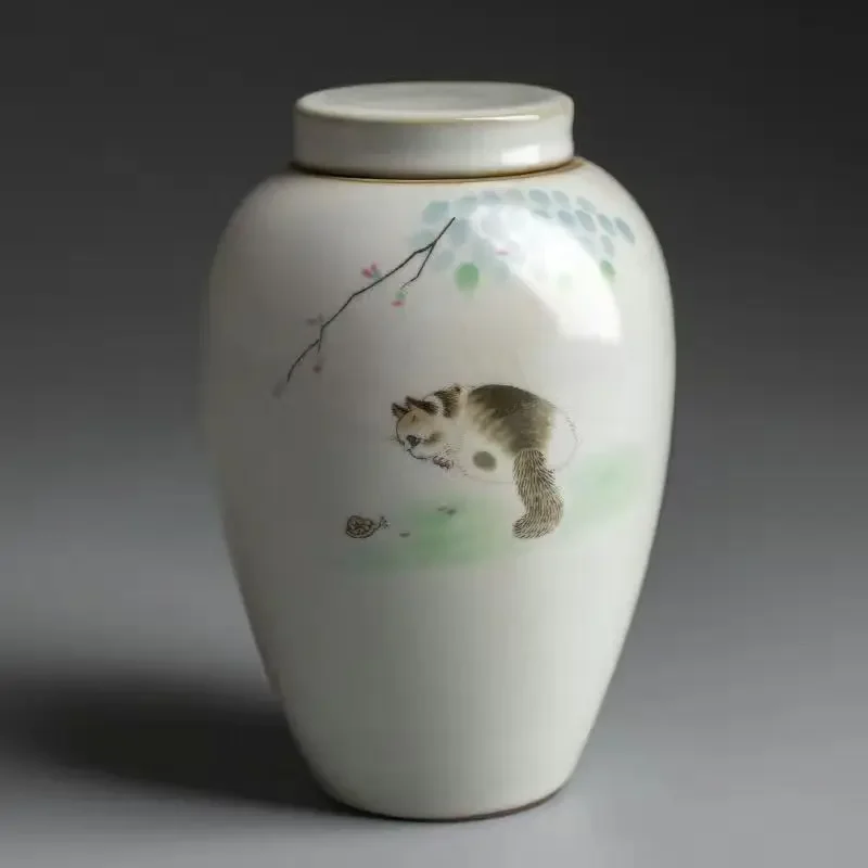 Exquisite Ceramic Cat Urn Traditional Classical Chinese Painted Ice Crack Pet Urn Individual Exquisite Custom Packaging