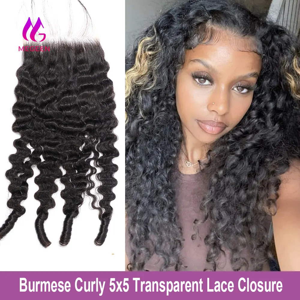 

Megeen бирманская кудрявая 5x5 Прозрачная Кружевная застежка с спиральными концами бесплатная часть 12-20 дюймов удлинители волос для черных женщин 15 А