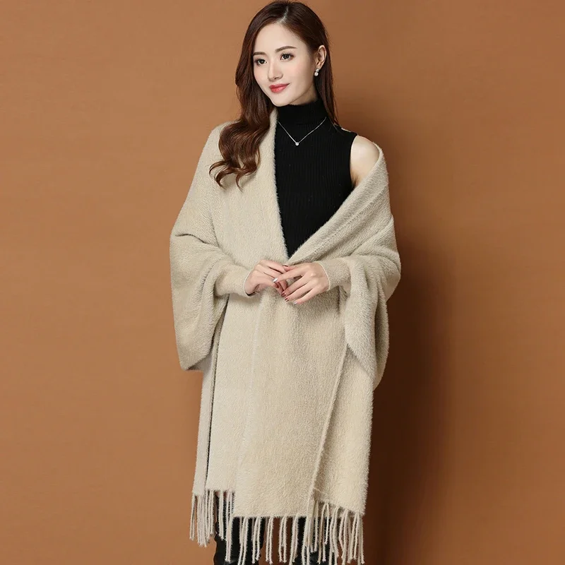 New Loose Mink Velvet Solid Color Knit Cape Jacquard Sueters De Mujer Wrap Free Size Cloak Women\'s Clothing Ponchos