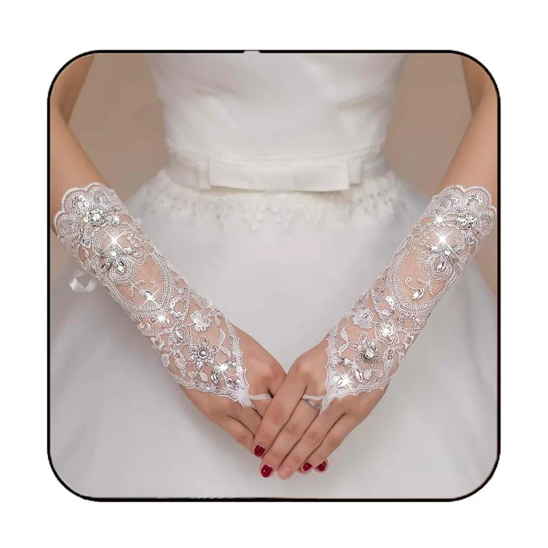 

Wedding Bride Lace Gloves White Fingerless Crystal Gloves Sequins Bridal Glove Party Prom Glove Accessories for Women and Brides