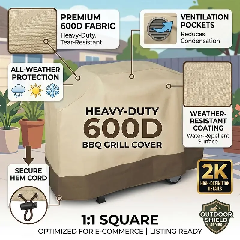 600D Outdoor BBQ Grill Cover Charcoal Gas Grills Waterproof Rip-Proof Weather-Resistant Anti-UV Heavy-duty Barbecue Oven Cover