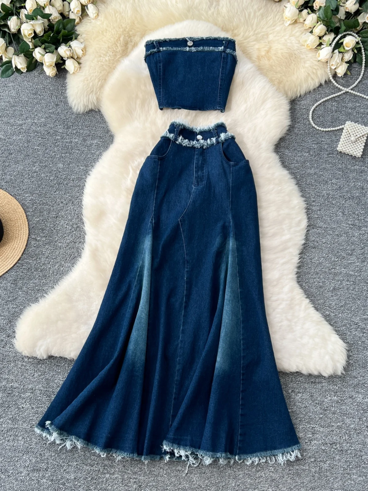 

Vintage Summer Denim Mermaid Skirt Two Piece Set for Women Crop Top and High Waist Long Skirts 2 Piece Sets Womens Outfits