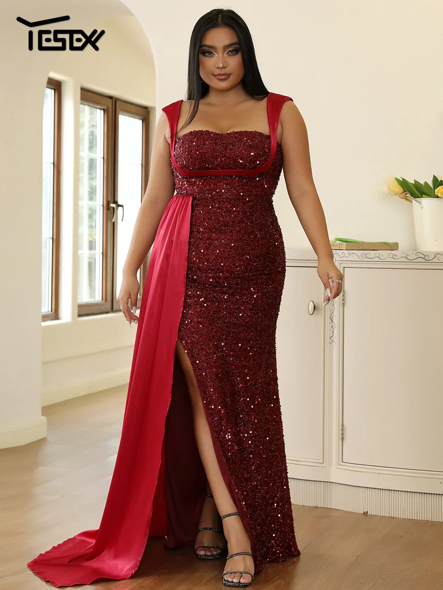 

Yesexy Plus Size Formal Occasion Dresses Sleeveless Draped Burgundy Sequin Split Prom Dress