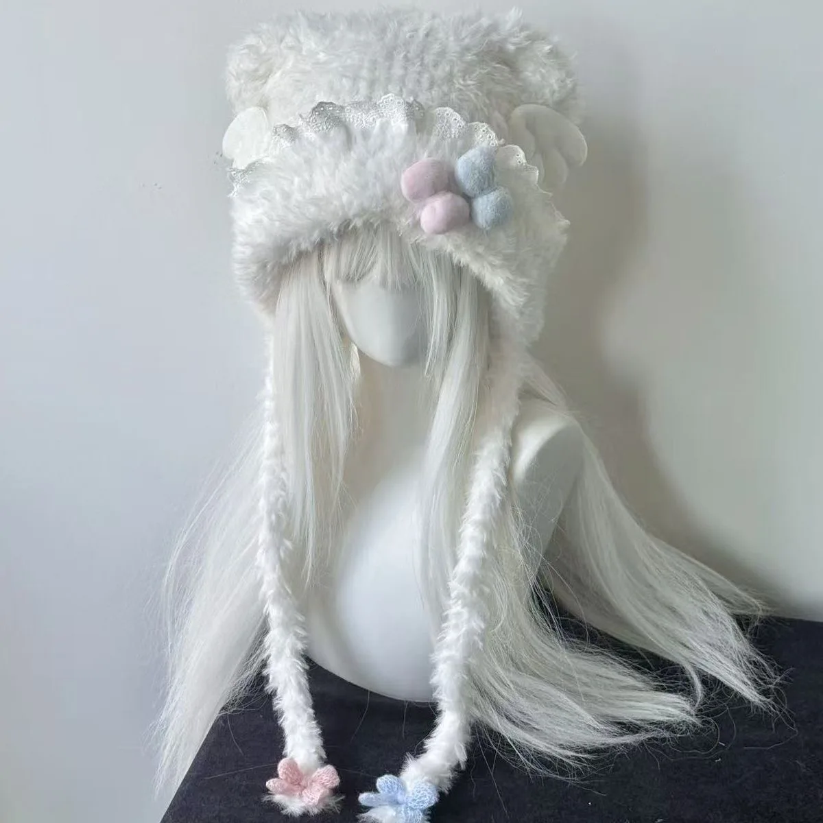 여성 수제 블루와 핑크 퍼지 고양이 귀 모자 레이스 캔디 리본 모자 Y2K 따뜻한 날개 귀마개 KC 소녀 하트 다용도 플러피 모자